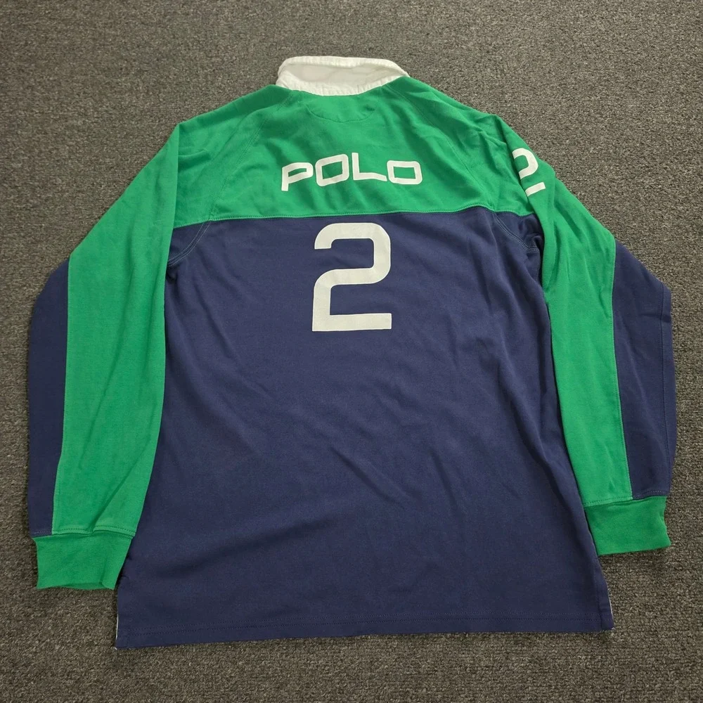 Polo Ralph Lauren Rugby Shirt Kids XL 18-20 Green Navy Blue Big Pony Graphic 2
